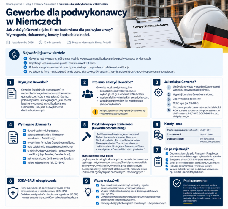 Gewerbe dla podwykonawcy w Niemczech – co załatwić przed pierwszym zleceniem?